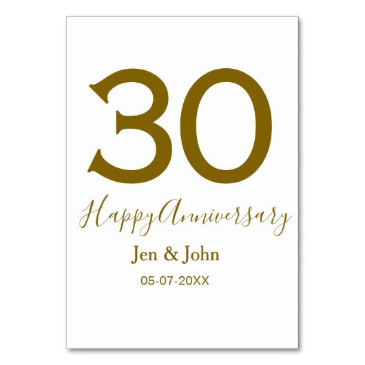 ハッピーの30周年おめでとう名前日付ゴールド太字レター テーブルナンバー (正面)