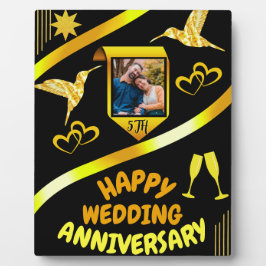 ハッピーは5周年結婚記念日 ブラック＆ゴールド モダン フォトプラーク