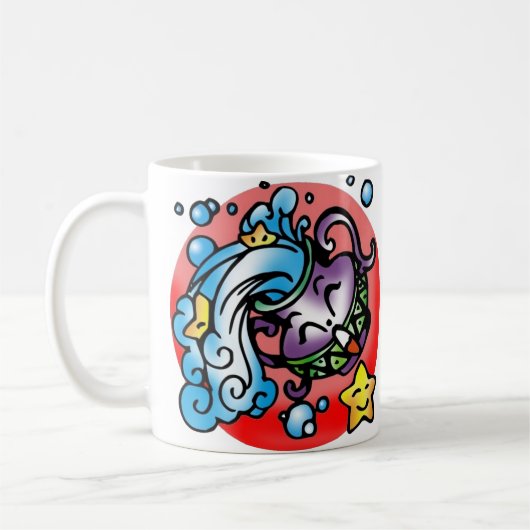 ハッピーアクエリアス紫の漫画の花瓶こぼれた水 コーヒーマグカップ (左)