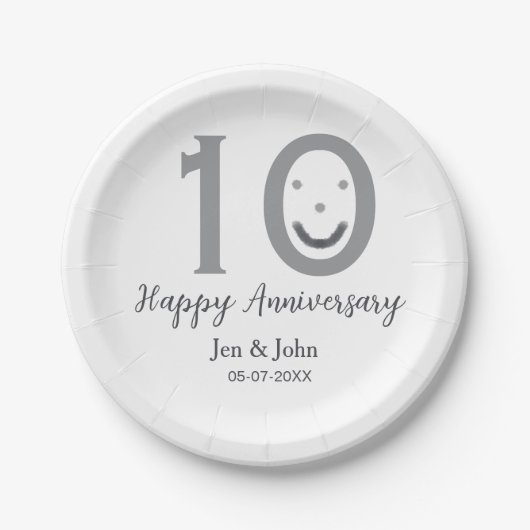 ハッピーアニバーサリーネーム日付グレー絵文字はっきりした ペーパープレート (正面)
