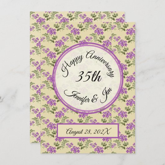ハッピーアニバーサリーパープルヴィオレ淡い色のオン黄 招待状 (正面/裏面)