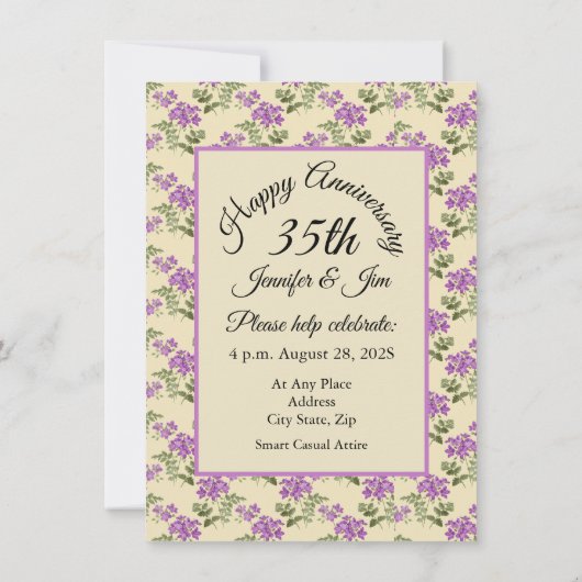 ハッピーアニバーサリーパープルヴィオレ淡い色のオン黄 招待状 (裏面)