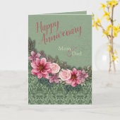 ハッピーアニバーサリーパープル赤ピンクonグリーンダマスク カード (黄色い花)