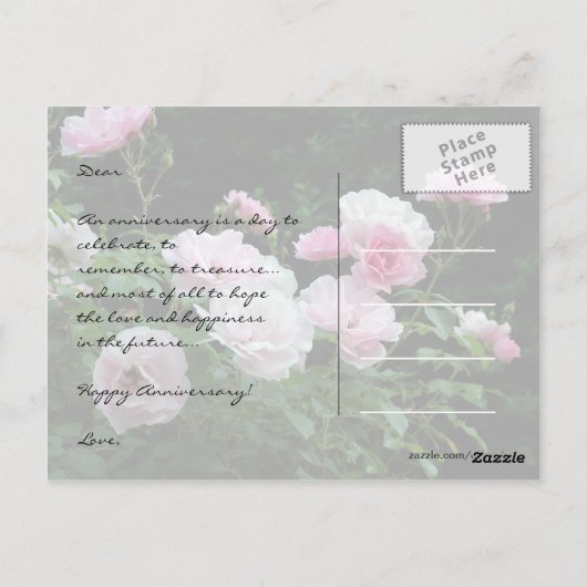 ハッピーアニバーサリーピンクのローズフラワーカード。 ポストカード (裏面)