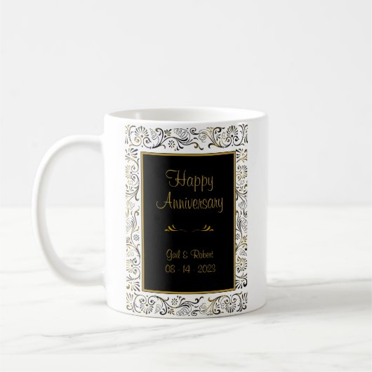 ハッピーアニバーサリーブラック金ゴールドホワイトコーヒーマグ コーヒーマグカップ (左)