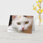 ハッピーアニバーサリーホワイトキャットグリーティングカード カード (黄色い花)