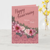 ハッピーアニバーサリーママパパレッドピンクオンピンクダマスク カード (黄色い花)