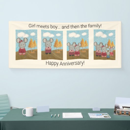 ハッピーアニバーサリー | かわいいマウスファミリー漫画ストリップ 横断幕 (トレードショー)