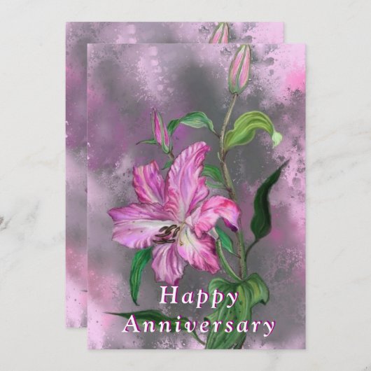 ハッピーアニバーサリー – かわいい紫色のピンクのリリーの花 (正面/裏面)