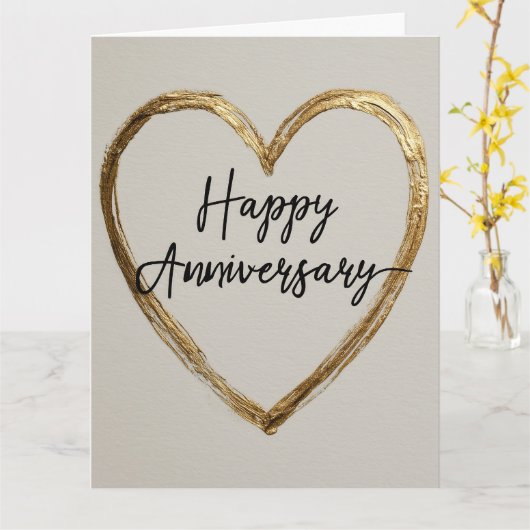 「ハッピーアニバーサリー」デザインと金ゴールドハート カード (黄色い花)