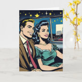 ハッピーアニバーサリー |レトロカップルのドライブインムービー カード (黄色い花)