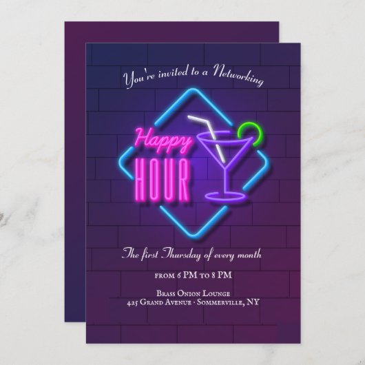 ハッピーアワーのネオン ネットワーキング ご招待 招待状 (正面/裏面)