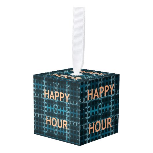 ハッピーアワー文字ブルーベクターアートプリント キューブオーナメント (正面アングル)