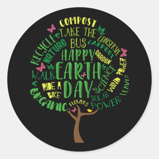 ハッピーアースデイ2019sかわいいツリースケッチ ラウンドシール (正面)