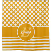 ハッピーイエローとホワイトネームの幾何学的パターン シャワーカーテン (正面)