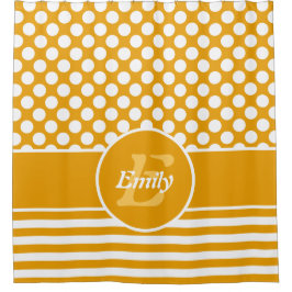 ハッピーイエローとホワイトネームの幾何学的パターン シャワーカーテン