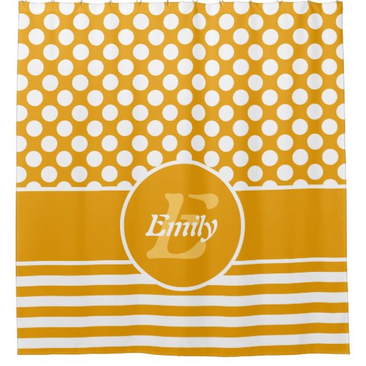 ハッピーイエローとホワイトネームの幾何学的パターン シャワーカーテン (正面)
