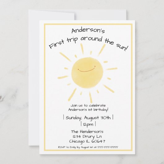 ハッピーイエローサンシャイン男女兼用1st誕生日 招待状 (正面)