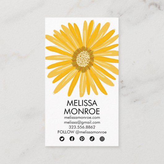 ハッピーイエローデイジー図解入りの、写真付きのソーシャルメディアのアイコン 名刺 (裏面)