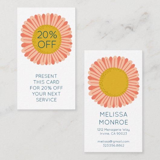 ハッピーイエローピンクデイジーひまわり図解入りの、写真付きの 割引カード (正面/裏面)