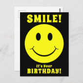 ハッピーイエローフェイススマイルお誕生日おめでとうブラック ポストカード (正面/裏面)