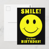 ハッピーイエローフェイススマイル 誕生日おめでとう 黒 ポストカード (正面/裏面)