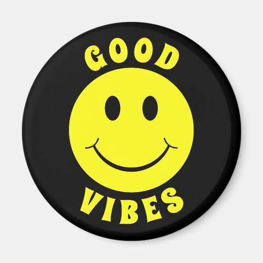 ハッピーイエロー顔グッドビブズブラック マグネット (正面)