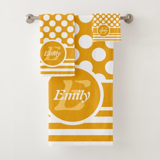 ハッピーイエロー&ホワイトネーム水玉模様 バスタオルセット (インサイチュ)
