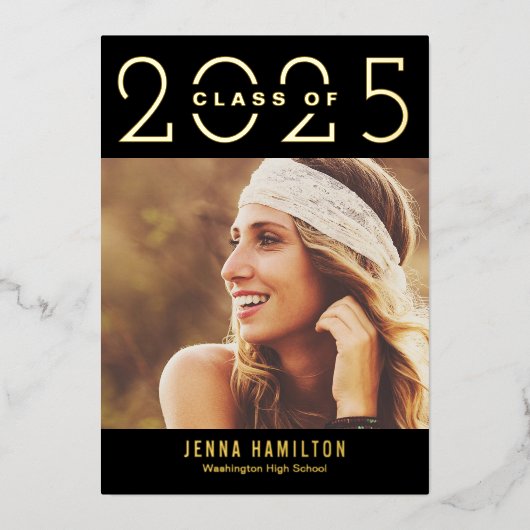 ハッピーイヤーフォイル卒業アナウンス編集可能カラー 箔招待状 (正面)