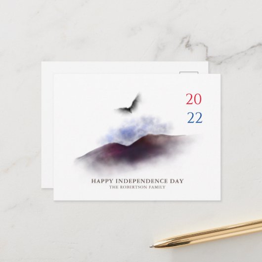 ハッピーインディペンデンスデイウォーターカラーイーグルマウンテン ポストカード (正面/裏面インサイチュ)