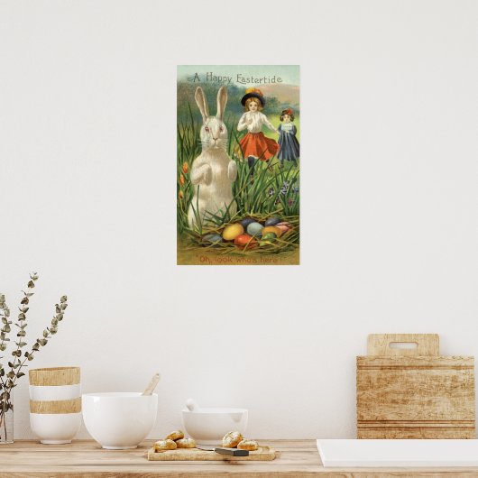 ハッピーイースタタイドヴィンテージイースターバニーと子供 ポスター (キッチン)