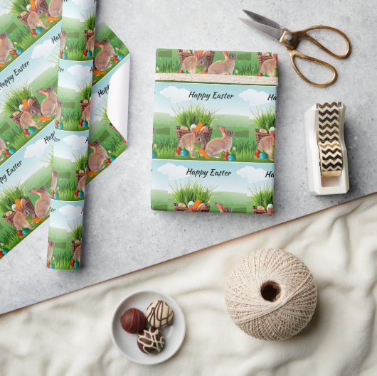 ハッピーイースターうさぎデカップクラフトまたはギフト ラッピングペーパー (クラフト)