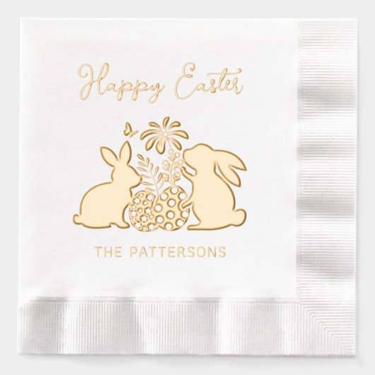 ハッピーイースターうさぎ花卵パーソナライズされた名 箔ナプキン (正面)