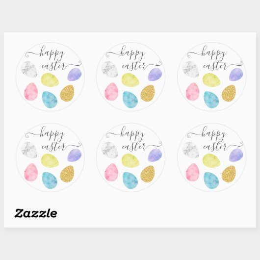 ハッピーイースターかわいいイースターエッグ金ゴールド水色 ラウンドシール (シート)
