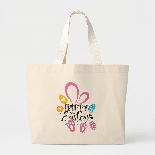 ハッピーイースターかわいいバニーとイースターエッグ ラージトートバッグ (正面)