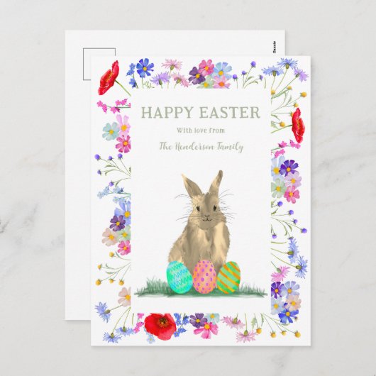 ハッピーイースターかわいいバニーとエッグスフローラ シーズンポストカード (正面/裏面)