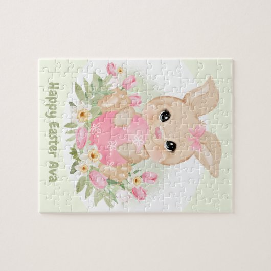 ハッピーイースターかわいいバニーピンクの卵パーソナライズされた名 ジグソーパズル (横)