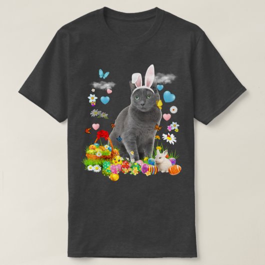 ハッピーイースターかわいいバニーロシアのキャットブルーエッグバスク Tシャツ (デザイン正面)
