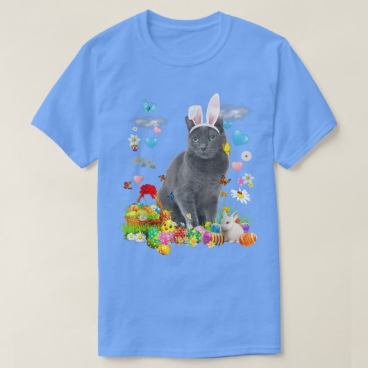ハッピーイースターかわいいバニーロシアのキャットブルーエッグバスク Tシャツ (デザイン正面)