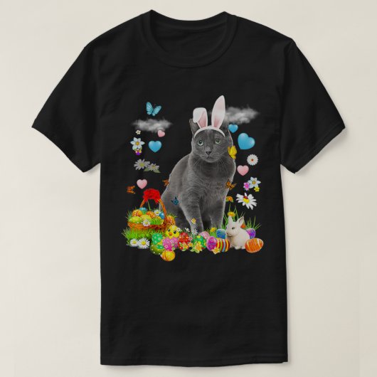 ハッピーイースターかわいいバニーロシアのキャットブルーエッグバスク Tシャツ (デザイン正面)