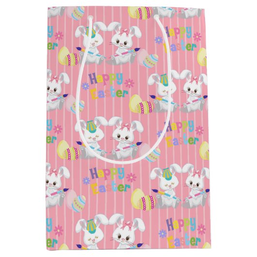ハッピーイースターかわいいバニー絵画ウサギの卵 ミディアムペーパーバッグ (正面)
