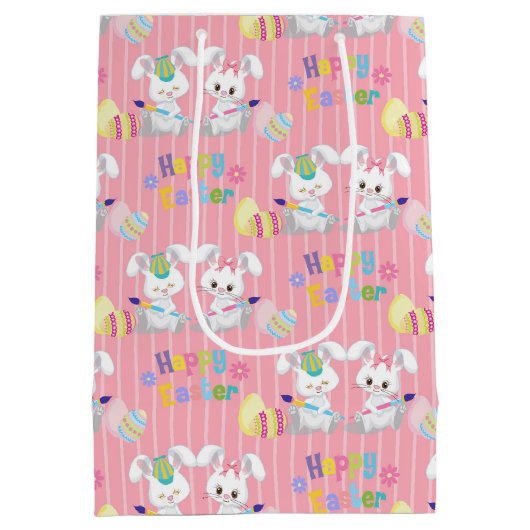 ハッピーイースターかわいいバニー絵画ウサギの卵 ミディアムペーパーバッグ (裏面)