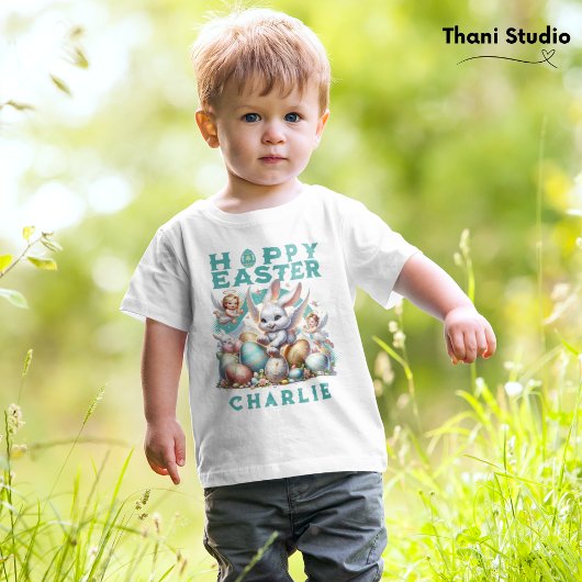 ハッピーイースターかわいいバニー&エッグカスタマイズ可能な名前 ベビーTシャツ