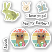 ハッピーイースターかわいいパグバイバニー耳とエッグカラフルズ シール (正面)