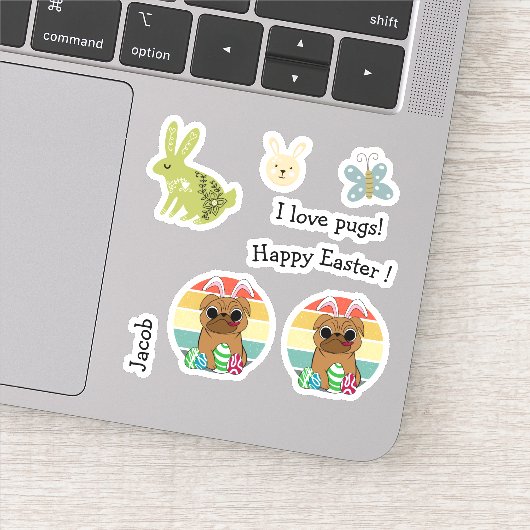 ハッピーイースターかわいいパグバイバニー耳とエッグカラフルズ シール (詳細)