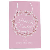 ハッピーイースターかわいいピンクの水色プッシウィロー ミディアムペーパーバッグ (正面)