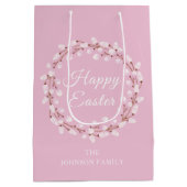 ハッピーイースターかわいいピンクの水色プッシウィロー ミディアムペーパーバッグ (裏面)