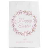 ハッピーイースターかわいいピンクの水色プッシウィロー ミディアムペーパーバッグ (正面)