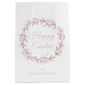 ハッピーイースターかわいいピンクの水色プッシウィロー ミディアムペーパーバッグ (裏面)