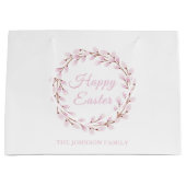 ハッピーイースターかわいいピンクの水色プッシウィロー ラージペーパーバッグ (正面)